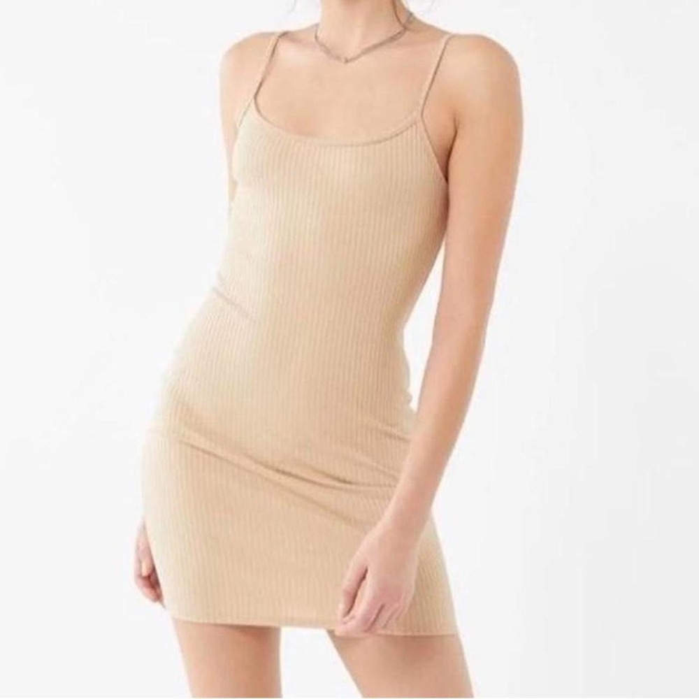 Urban Outfitters Ribbed Beige Tan Skin Toned Mini Dress with Spaghetti Straps